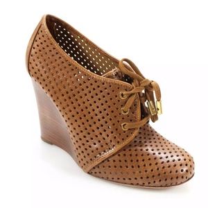 Tory Burch Brown Perforated Leather Victor Wedges